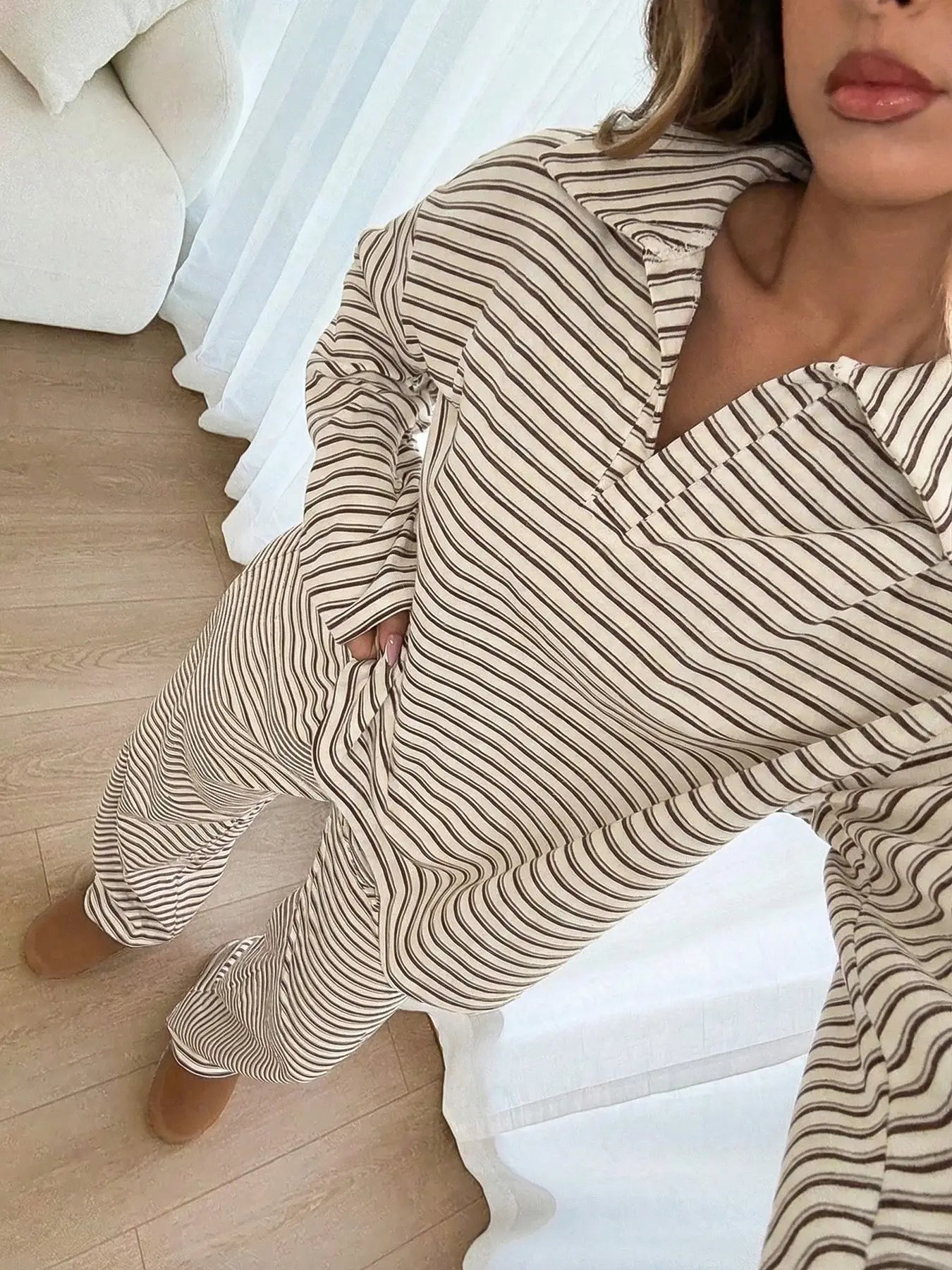 Women's 2pcs Set Loose Striped V-Neck Drop Shoulder Long Sleeve T-Shirt &Elastic Waist Striped Pants, Brown, Casual Sets For Women, Pajamas Set, Loungewear, Casual Sets For Women Brown Two Piece Set Women