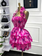 Elegant Women Sweet Sexy Club Party Outfit Dress, Women's Floral Print Backless Strapless Layered Ruffle Mini Prom Dress,Lady Casual Dresses,Female Brunch Dresses,Graduation Dress, Floral Evening Dress