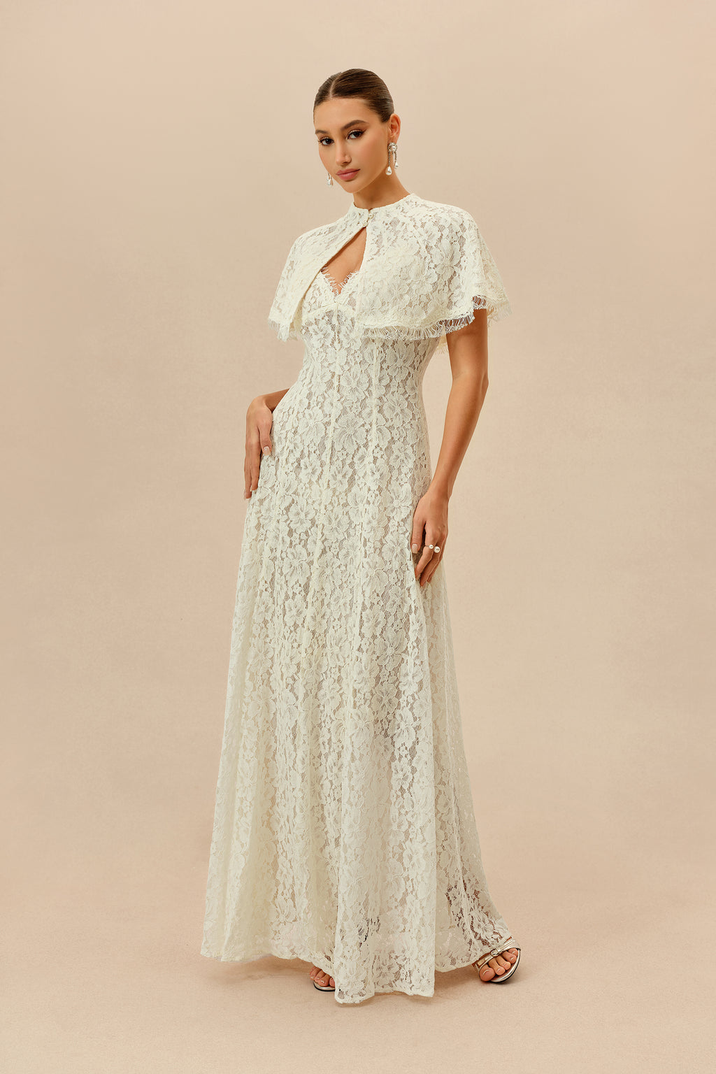 Make An Entrance White Floral Lace Maxi Dress With Cape