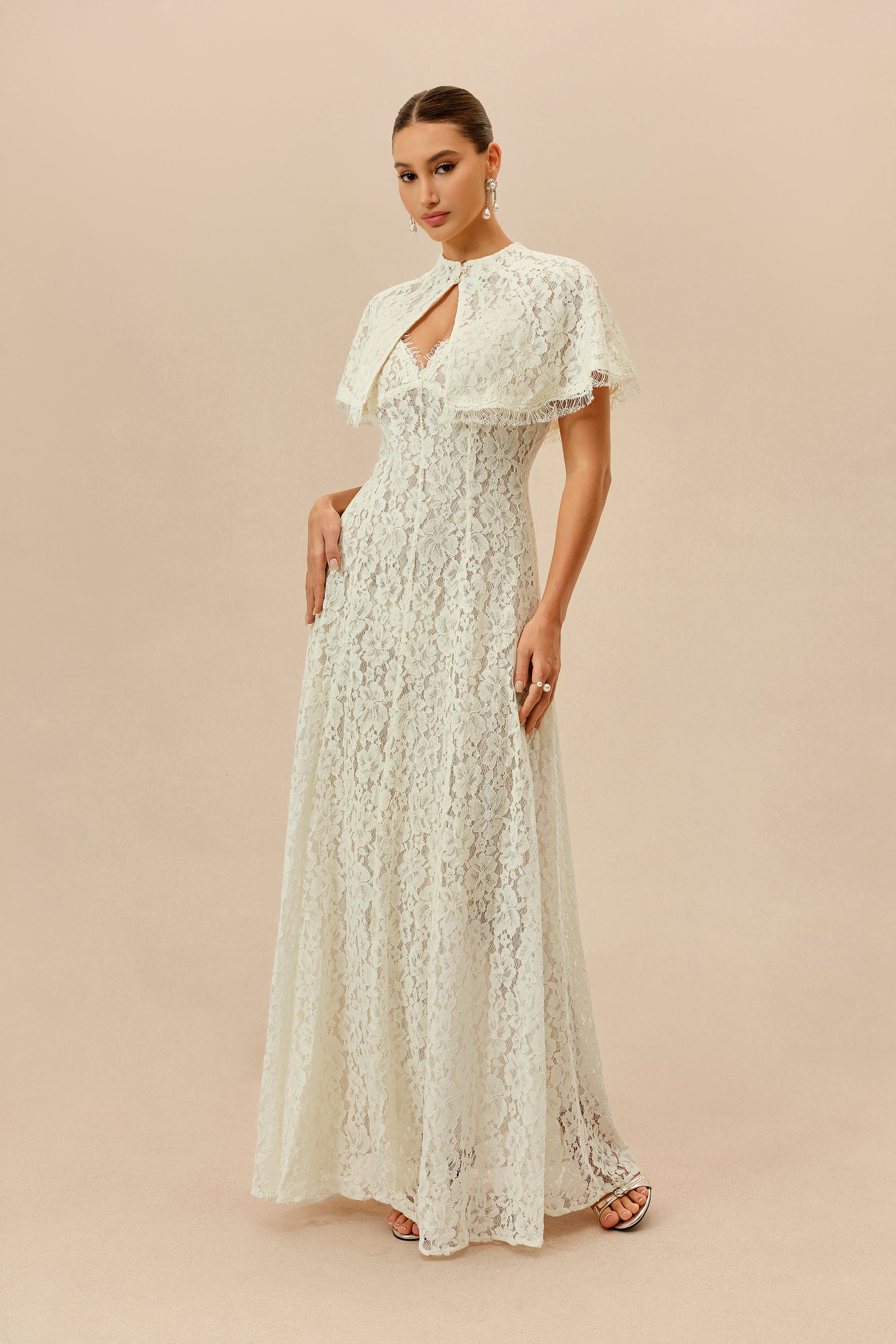 Make An Entrance White Floral Lace Maxi Dress With Cape