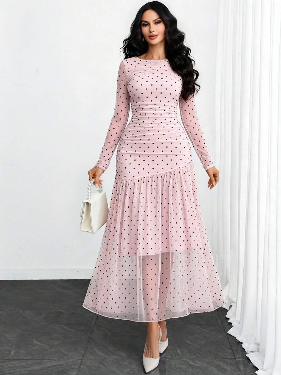 Women's Gothic Sexy Elegant Modern Contrast Stripe Asymmetrical Ruffle Waist Double-Layer Mesh Long Sleeve Dress, Suitable For Dates, Vacations And Daily Commute Spring
