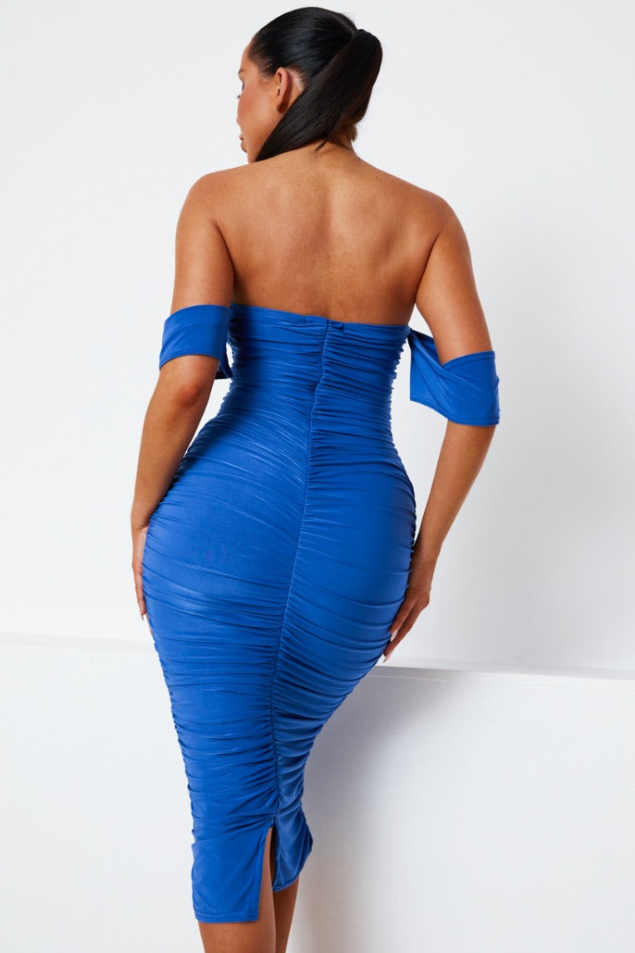 Bardot Cowl Neck Ruched Midi Dress