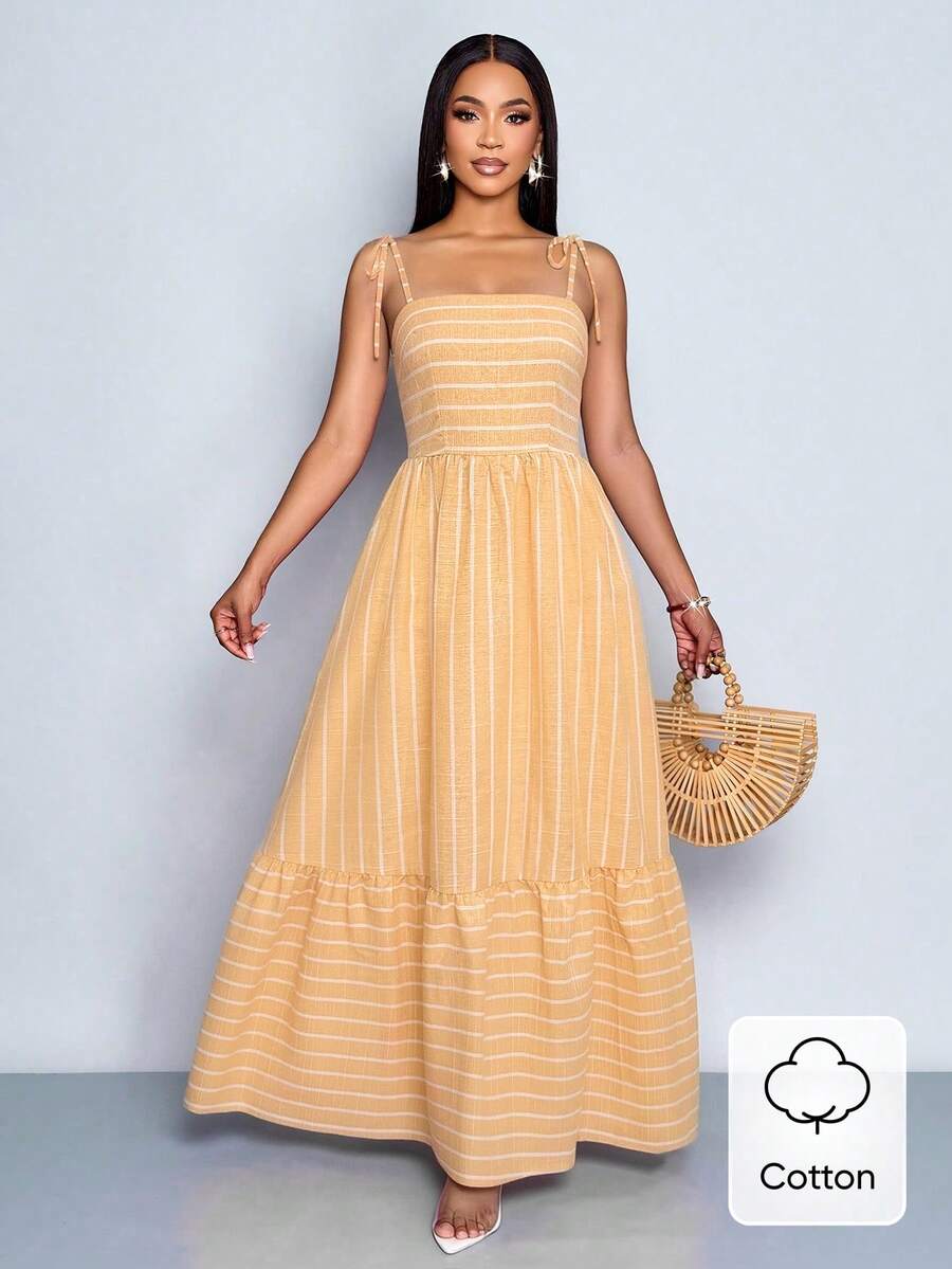 Women's Blue And White Stripe Flowing Maxi Dress,Summer Elegant Holiday Tea Party Holiday,Shoulder Straps Chest Gathering,Beach Casual Gown