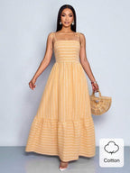 Women's Blue And White Stripe Flowing Maxi Dress,Summer Elegant Holiday Tea Party Holiday,Shoulder Straps Chest Gathering,Beach Casual Gown