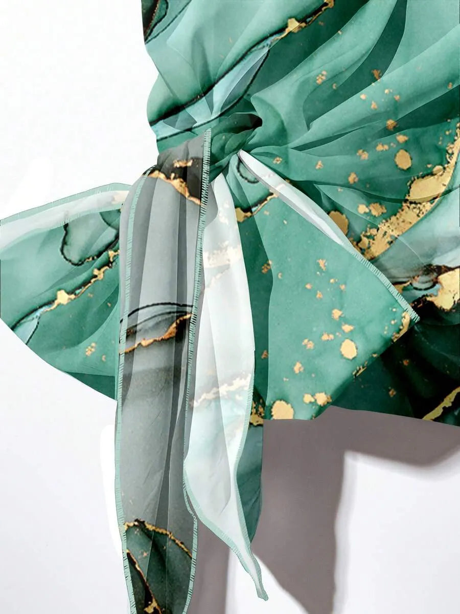 Women's Aqua Blue Summer Casual Vacation Holiday 2 Pieces Set,Abstract Floral Pattern Shirt With Tie Bow & Loose Straight Leg Pants,Vintage Style
