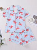 2pcs Women's Pajama Set, Striped Crab Print, Women's Loungewear, Spring/Summer Holiday Outfit, Short Sleeve Lapel Top And Shorts Set Suitable For Outdoor Wear