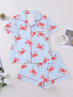2pcs Women's Pajama Set, Striped Crab Print, Women's Loungewear, Spring/Summer Holiday Outfit, Short Sleeve Lapel Top And Shorts Set Suitable For Outdoor Wear