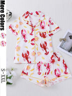 Women's Sleepwear Set, Short Sleeve Lapel Button Soft Top & Elastic Shorts