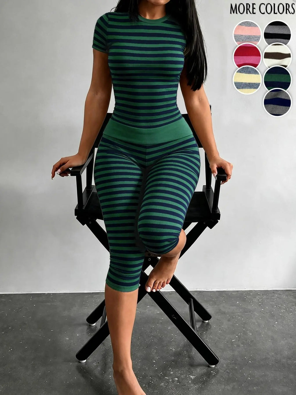 Yellow Grey Striped Two Piece Loungewear Set Crew Neck Short Sleeve Slim Crop Top High Waist Capri Leggings Stretch Fitted Matching Outfit ideal for home relaxation gym training grocery runs and casual everyday all season comfy outfits