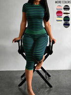 Yellow Grey Striped Two Piece Loungewear Set Crew Neck Short Sleeve Slim Crop Top High Waist Capri Leggings Stretch Fitted Matching Outfit ideal for home relaxation gym training grocery runs and casual everyday all season comfy outfits