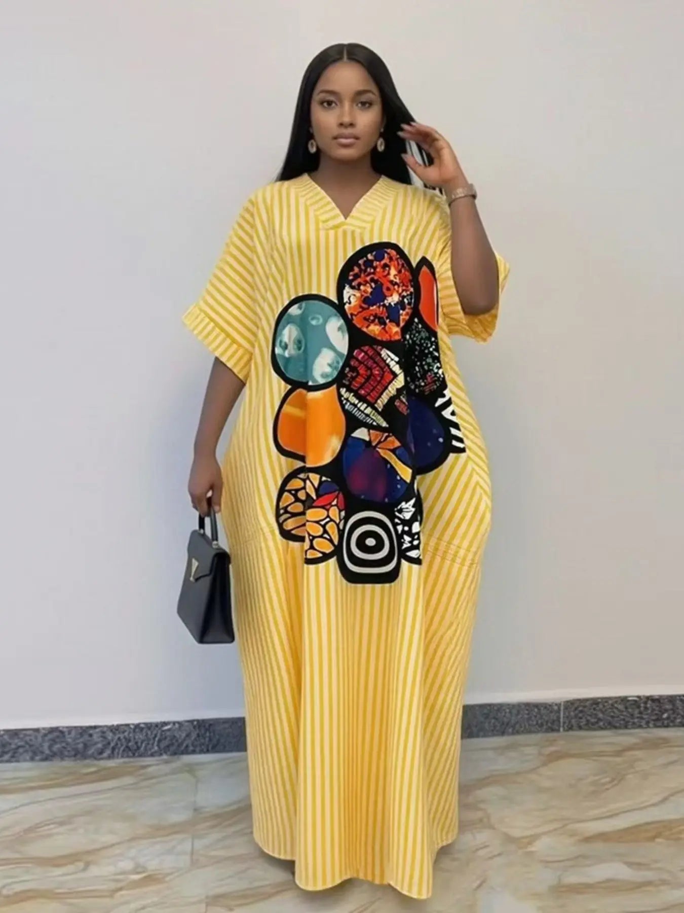 New Fashion Chic Loose Fit Casual Daily Everyday Shopping Dress, Blue Striped and Geometric Print V-Neck Short Sleeve Dress, Women's Summer Dress with Pockets, Boho Casual Dress