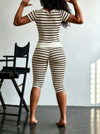 Yellow Grey Striped Two Piece Loungewear Set Crew Neck Short Sleeve Slim Crop Top High Waist Capri Leggings Stretch Fitted Matching Outfit ideal for home relaxation gym training grocery runs and casual everyday all season comfy outfits