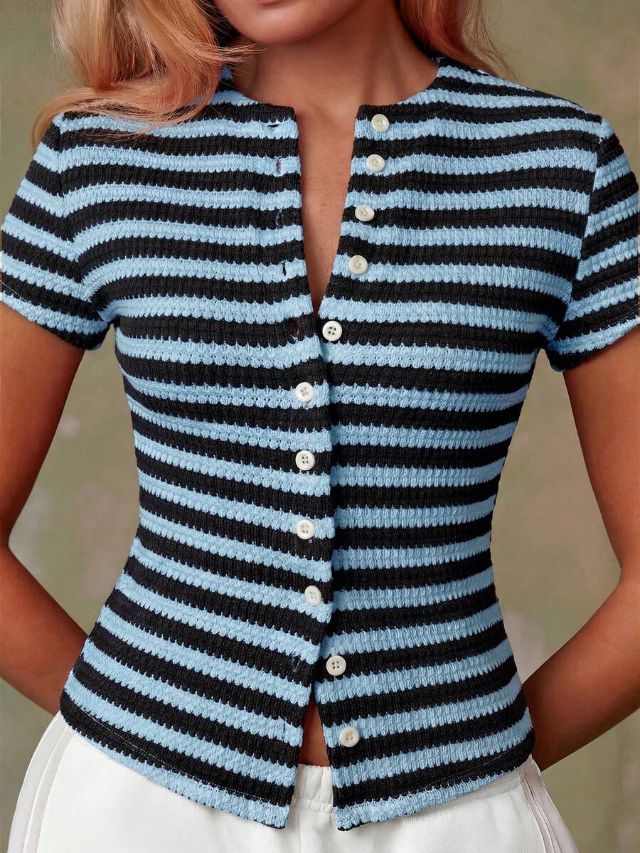 Women's Casual Red Single-Breasted Short Sleeve Fitted Top,Red Top,Christmas, Cute Vacation,Resort Wear,Summer Holiday,Spring,Spring Break,Beach
