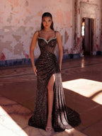 Elegant Sequin Spaghetti Strap Rhinestone Patchwork Fishbone High Waist High Slit Tie Back Open Back Evening Dress Fall