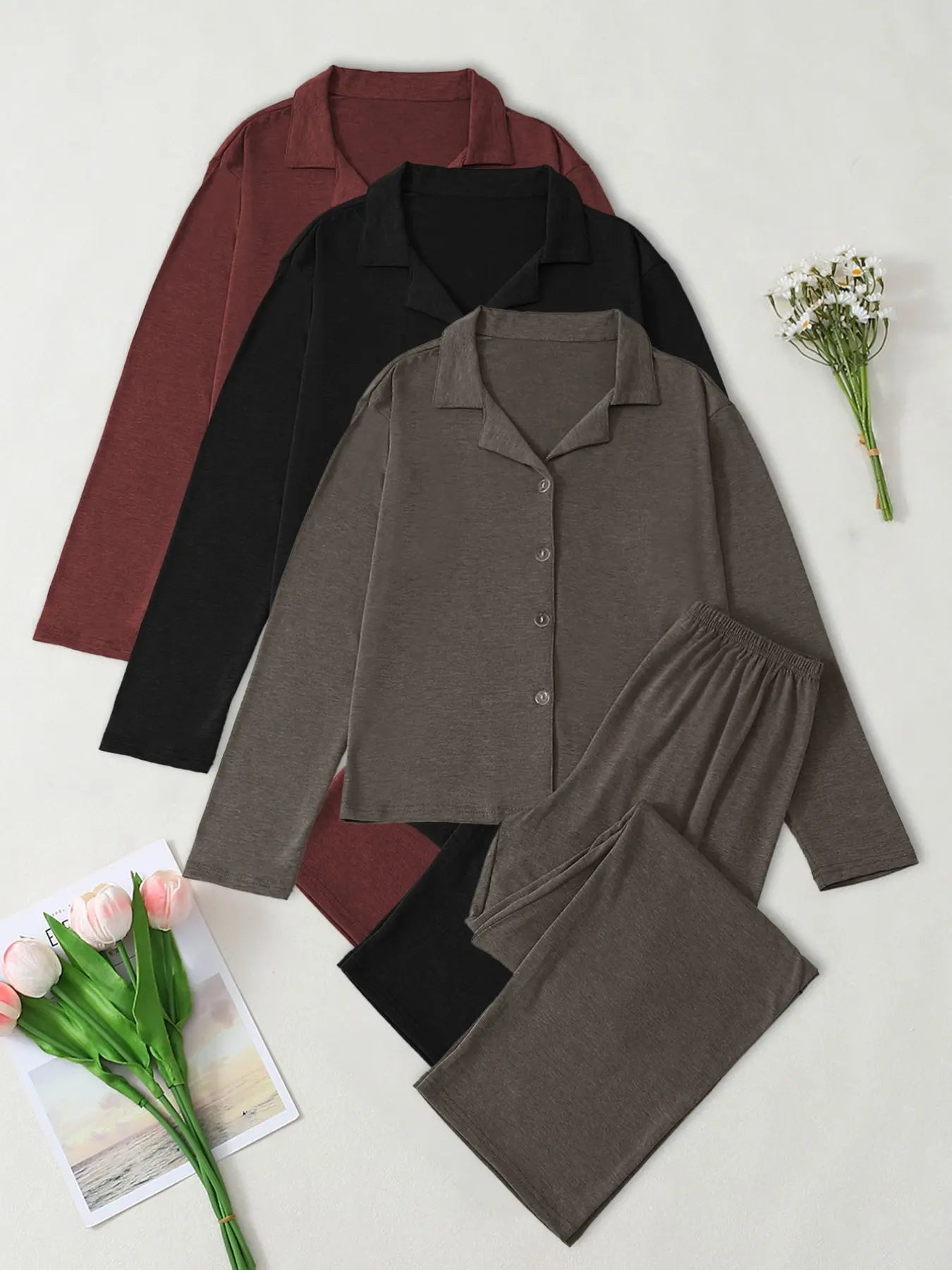 Women's Casual Fall Winter Pajama Set, Soft Skin-Friendly Fabric, Long Sleeve Collared Lapel Design, Indoor Outdoor Wear, Two-Piece Sleepwear, Loungewear, Pjs, Homewear, Loungewear Pajamas Set