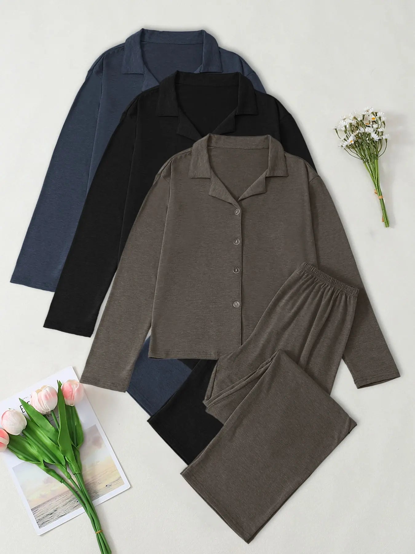 Women's Casual Fall Winter Pajama Set, Soft Skin-Friendly Fabric, Long Sleeve Collared Lapel Design, Indoor Outdoor Wear, Two-Piece Sleepwear, Loungewear, Pjs, Homewear, Loungewear Pajamas Set