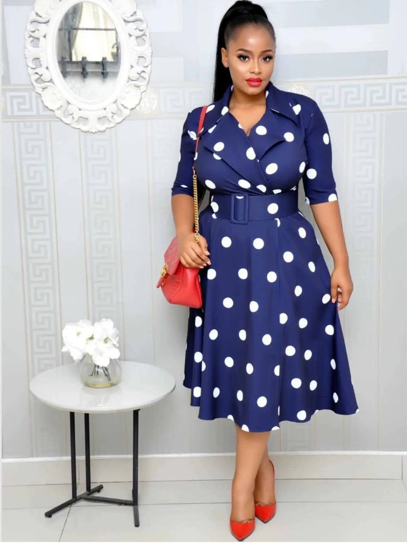 Elegant Chic Women's Midi Dress with Belt, Polka Dot Pattern, Short Sleeve