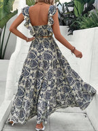 Women's Ethnic Pattern Butterfly-Sleeve Fitted Crop Top & Shirred High Waist A-Line Skirt Set Outfit, Womenswear Summer Boho Bohemian Elegant Square-Neck Top & Ruffle-Hem Long Skirt for Beach Vacations and Holidays Woven Fabric