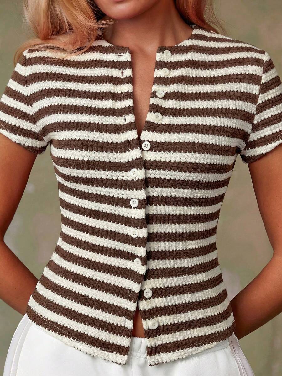 Women's Casual Red Single-Breasted Short Sleeve Fitted Top,Red Top,Christmas, Cute Vacation,Resort Wear,Summer Holiday,Spring,Spring Break,Beach
