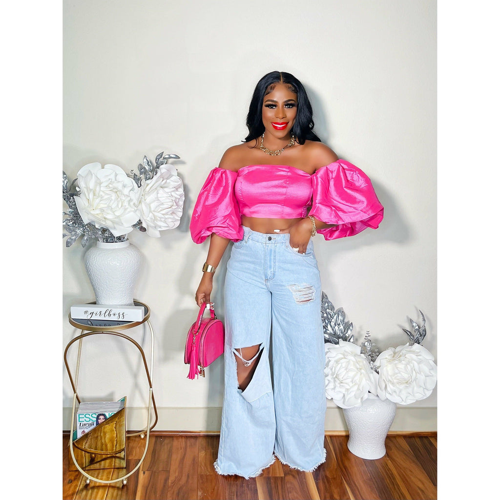 LOVE AT FIRST SIGHT LANTERN SLEEVES CROP TOP (PINK)