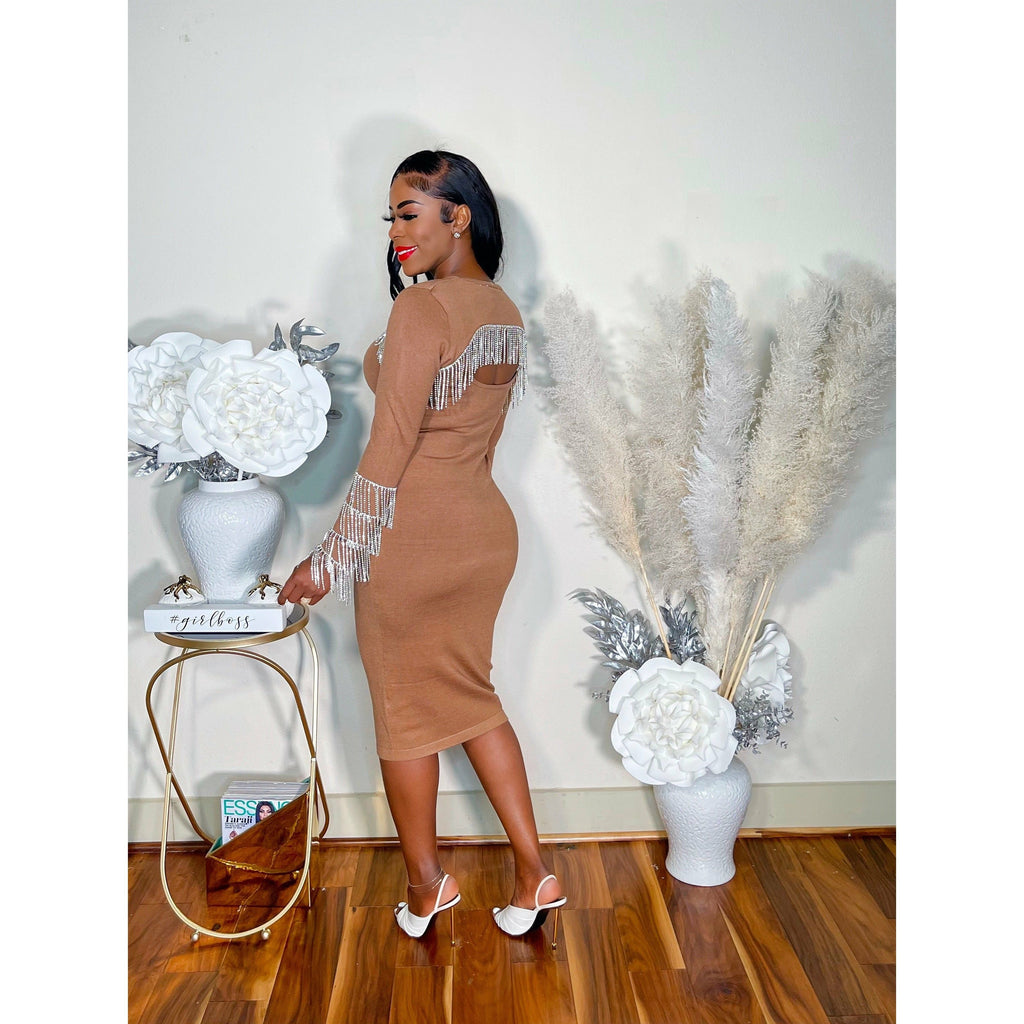 LET'S CELEBRATE RHINESTONE FRINGE DRESS (BROWN)