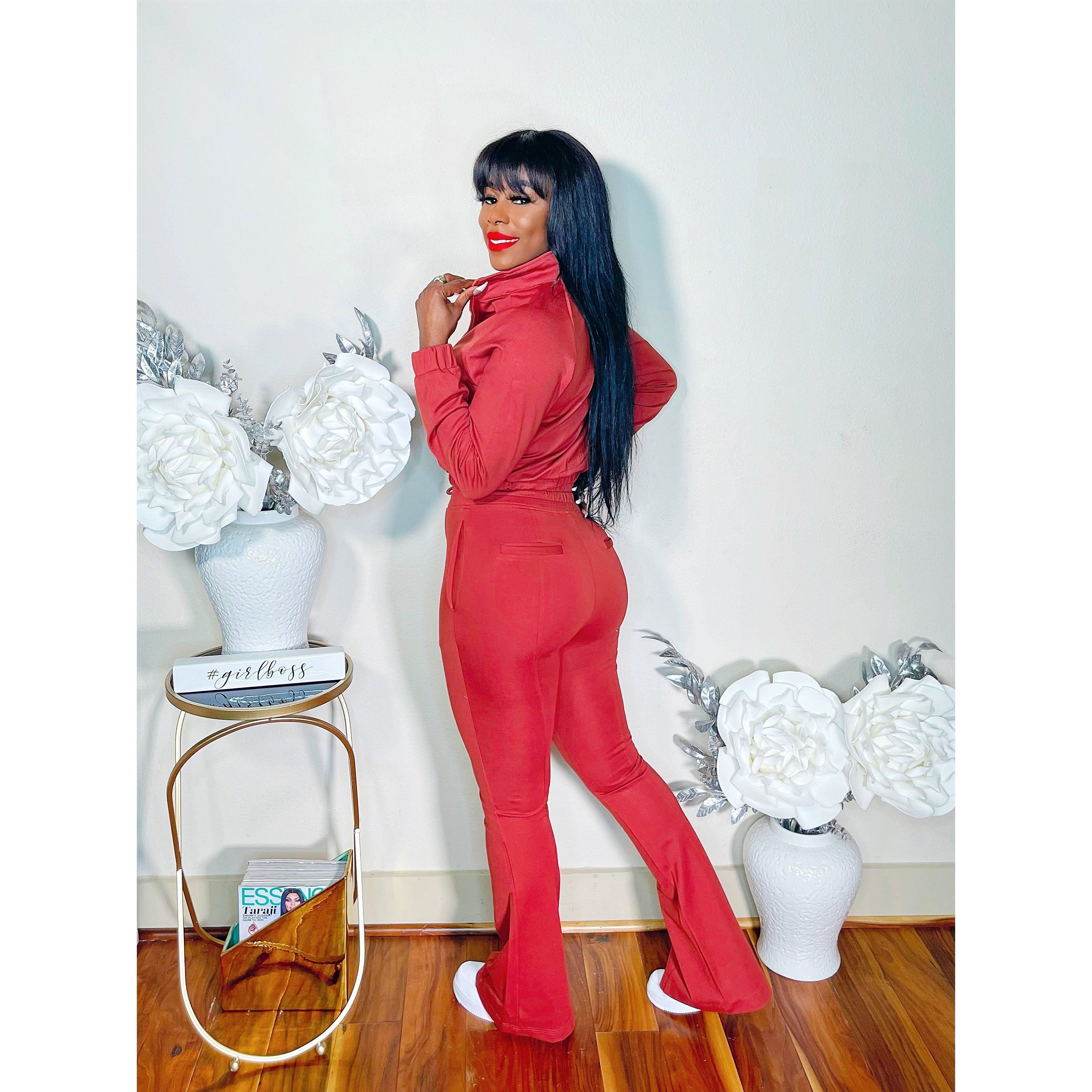 FLARED TRACK PANTS SET (COGNAC)