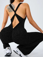 Women's Leopard Print Yoga Jumpsuit - Cross Strap, Slim Fit