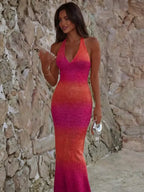 Summer Autumn Y2K Women's Elegant Gradient Knit Long Dress, Sexy Backless Casual Beach Party Dress Vacation, Vacationcore