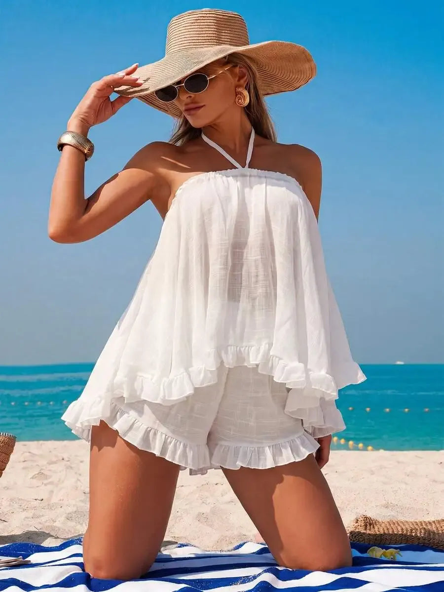 Swim Vcay Women's Black And White Striped Summer Boho Beach Vacation Holiday Holiday Backless Strapless Camisole Ruffle Hem Casual Suit Coverup Dress