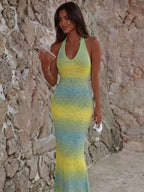 Summer Autumn Y2K Women's Elegant Gradient Knit Long Dress, Sexy Backless Casual Beach Party Dress Vacation, Vacationcore