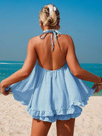 Swim Vcay Women's Black And White Striped Summer Boho Beach Vacation Holiday Holiday Backless Strapless Camisole Ruffle Hem Casual Suit Coverup Dress