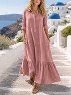 Women's Maxi Dress Linen-feel Dresses Faux Cotton Linen Shirt Dress Kaftan Dress Basic Casual Daily Vacation Regular Fit Plain Long Sleeve V Neck
