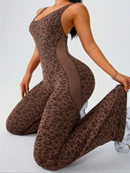 Women's Leopard Print Yoga Jumpsuit - Cross Strap, Slim Fit