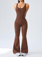 Women's Leopard Print Yoga Jumpsuit - Cross Strap, Slim Fit