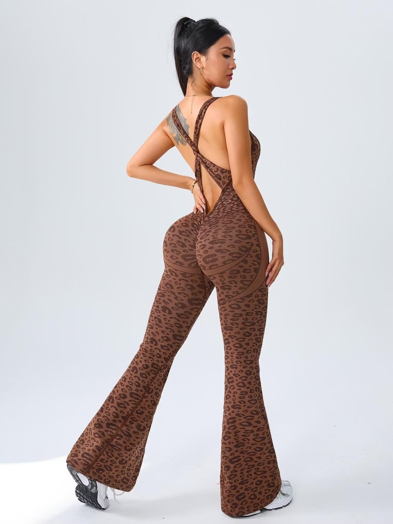 Women's Leopard Print Yoga Jumpsuit - Cross Strap, Slim Fit