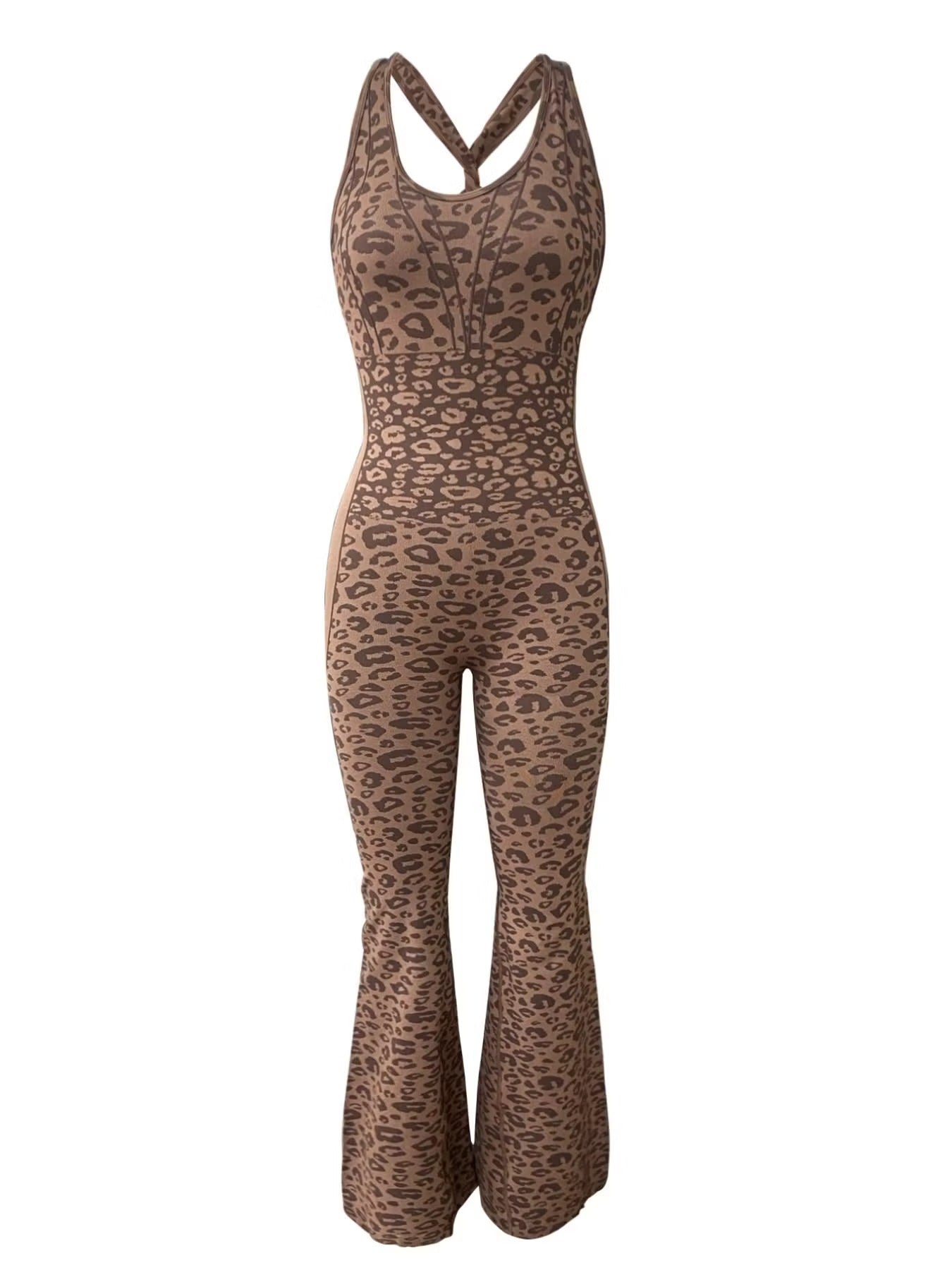 Women's Leopard Print Yoga Jumpsuit - Cross Strap, Slim Fit