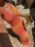 Summer Autumn Y2K Women's Elegant Gradient Knit Long Dress, Sexy Backless Casual Beach Party Dress Vacation, Vacationcore
