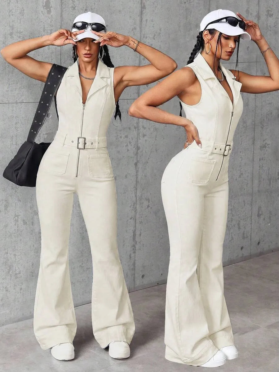 Women Zip Front Pockets Flare Leg Loose Casual Denim Jumpsuit