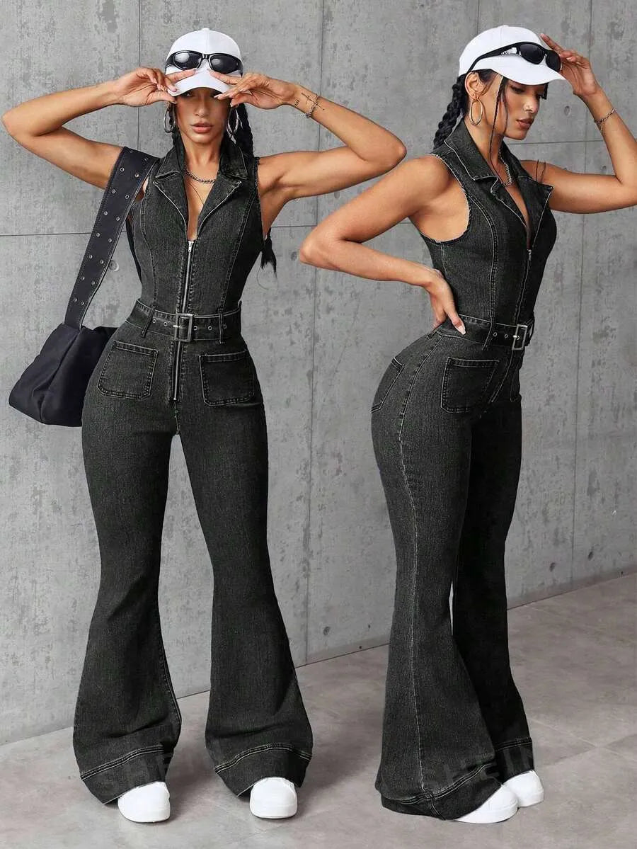 Women Zip Front Pockets Flare Leg Loose Casual Denim Jumpsuit
