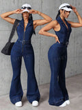 Women Zip Front Pockets Flare Leg Loose Casual Denim Jumpsuit