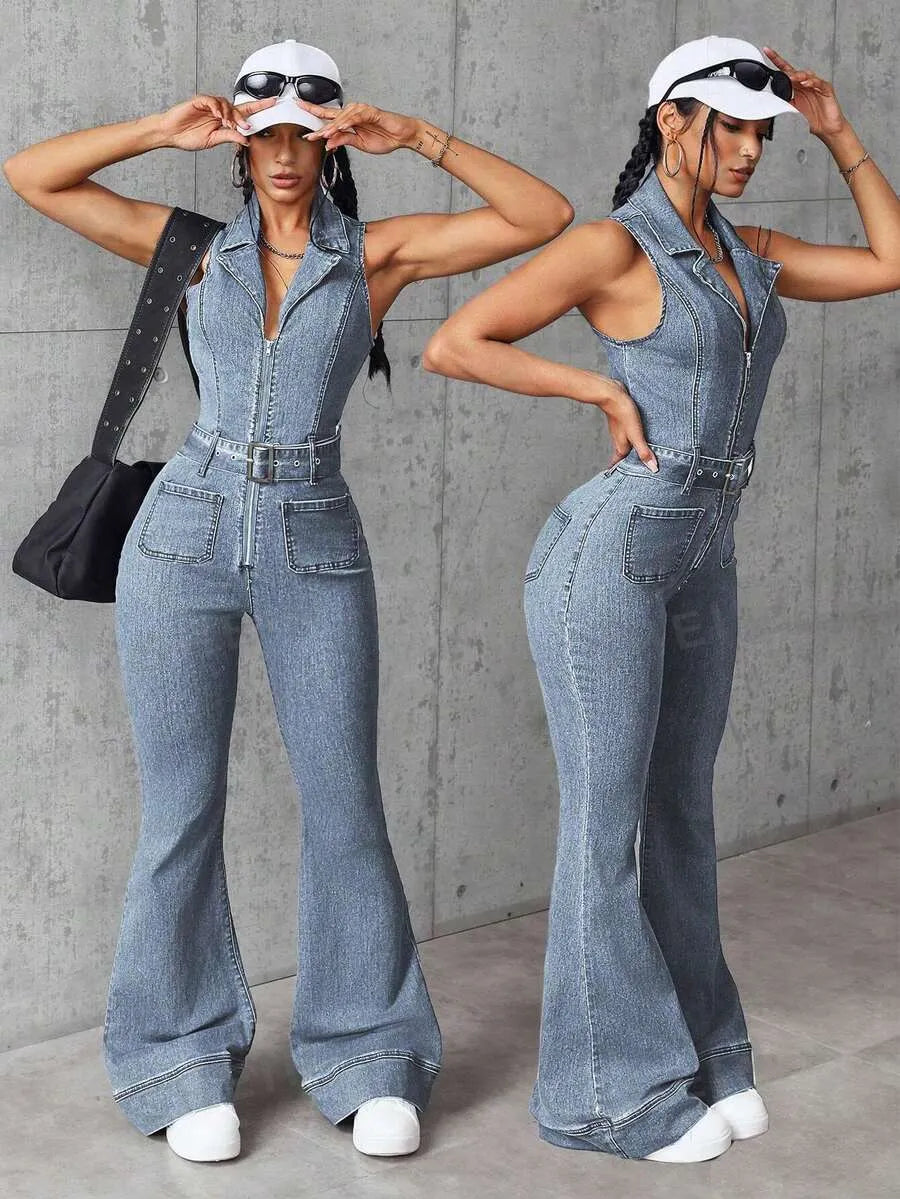 Women Zip Front Pockets Flare Leg Loose Casual Denim Jumpsuit