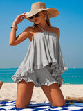 Swim Vcay Women's Black And White Striped Summer Boho Beach Vacation Holiday Holiday Backless Strapless Camisole Ruffle Hem Casual Suit Coverup Dress