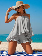 Swim Vcay Women's Black And White Striped Summer Boho Beach Vacation Holiday Holiday Backless Strapless Camisole Ruffle Hem Casual Suit Coverup Dress