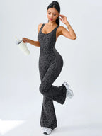Women's Leopard Print Yoga Jumpsuit - Cross Strap, Slim Fit