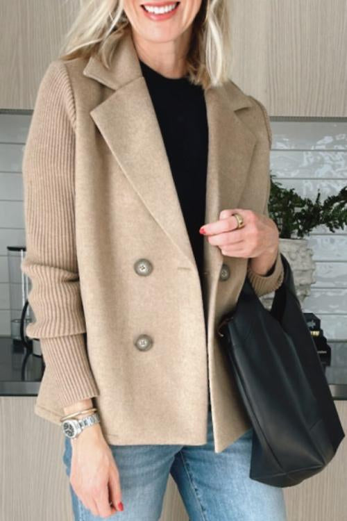 Women's Lapel Button Knitted Patchwork Sleeve Casual Coat